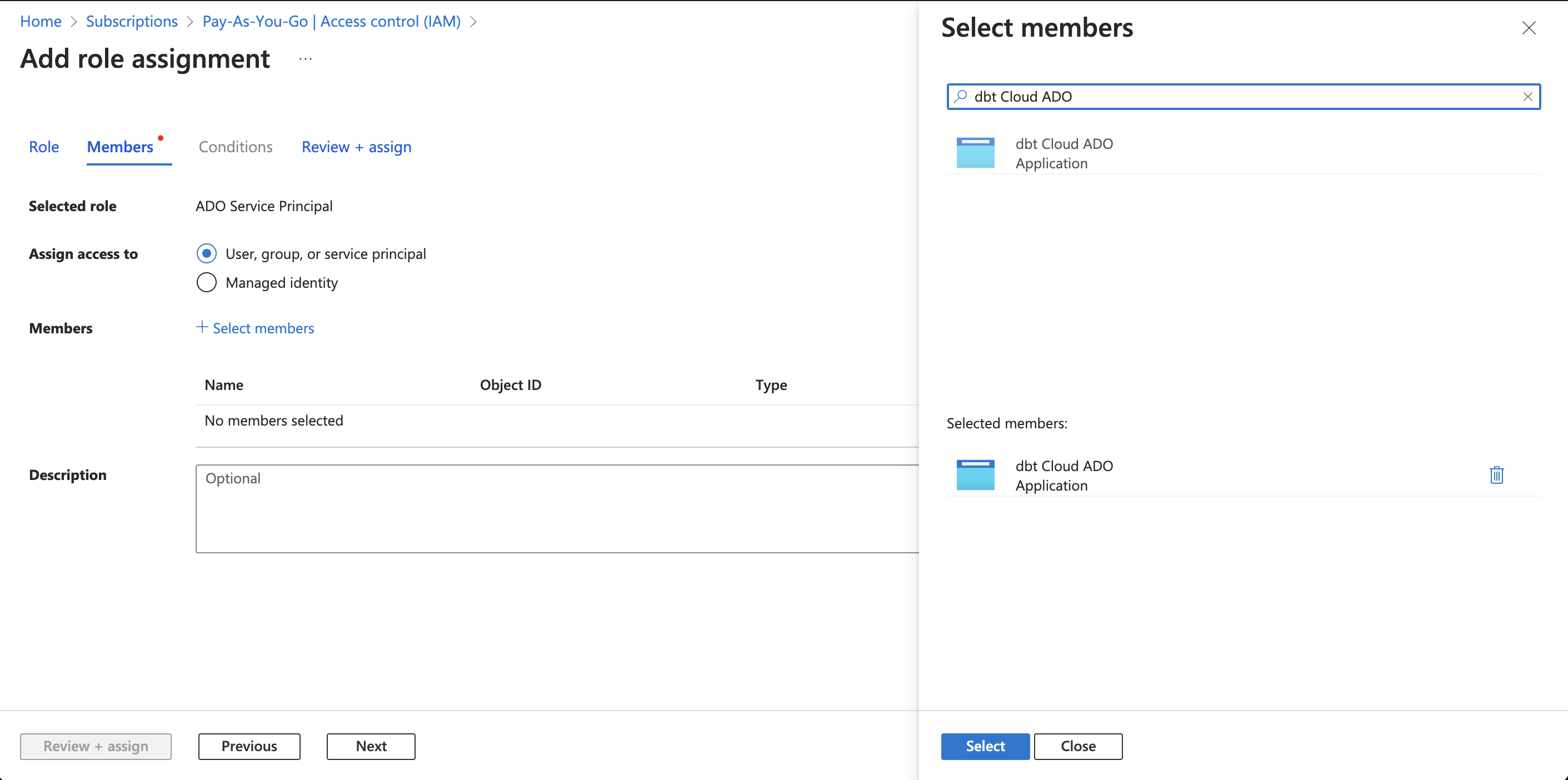 The dbt Cloud ADO app in the members section. The dbt Cloud ADO app in the members section.